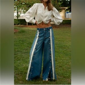 ISO!We The Free Blue Wide-Leg Pants with Cream Stripes
